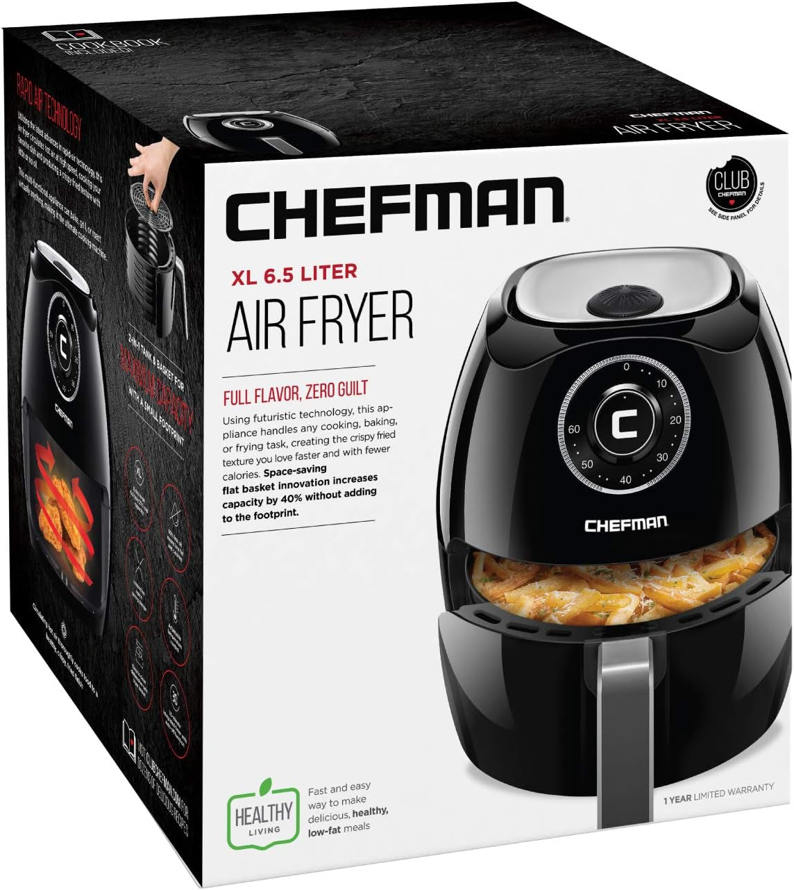 6.5 Quart Air Fryer Oven with Space Saving Flat Basket, Oil Free Hot Airfryer with 60 Minute Timer & Auto Shut Off, Dishwasher Safe Parts, Bpa-Free, Family Size, X-Large, Black