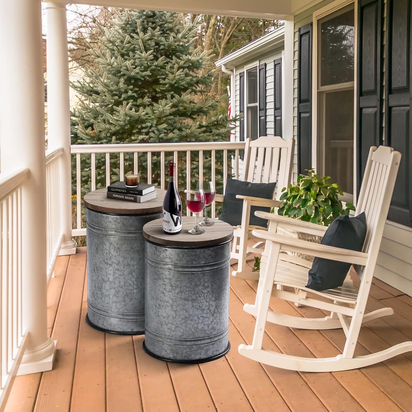 Farmhouse Accent Side Table, Rustic Storage Ottoman Seat Stool, Galvanized Antique Metal End Table Box Bin with round Wood Lid, Coffee or Cocktail Table, Nesting Pieces Two (Pure Galvanized)