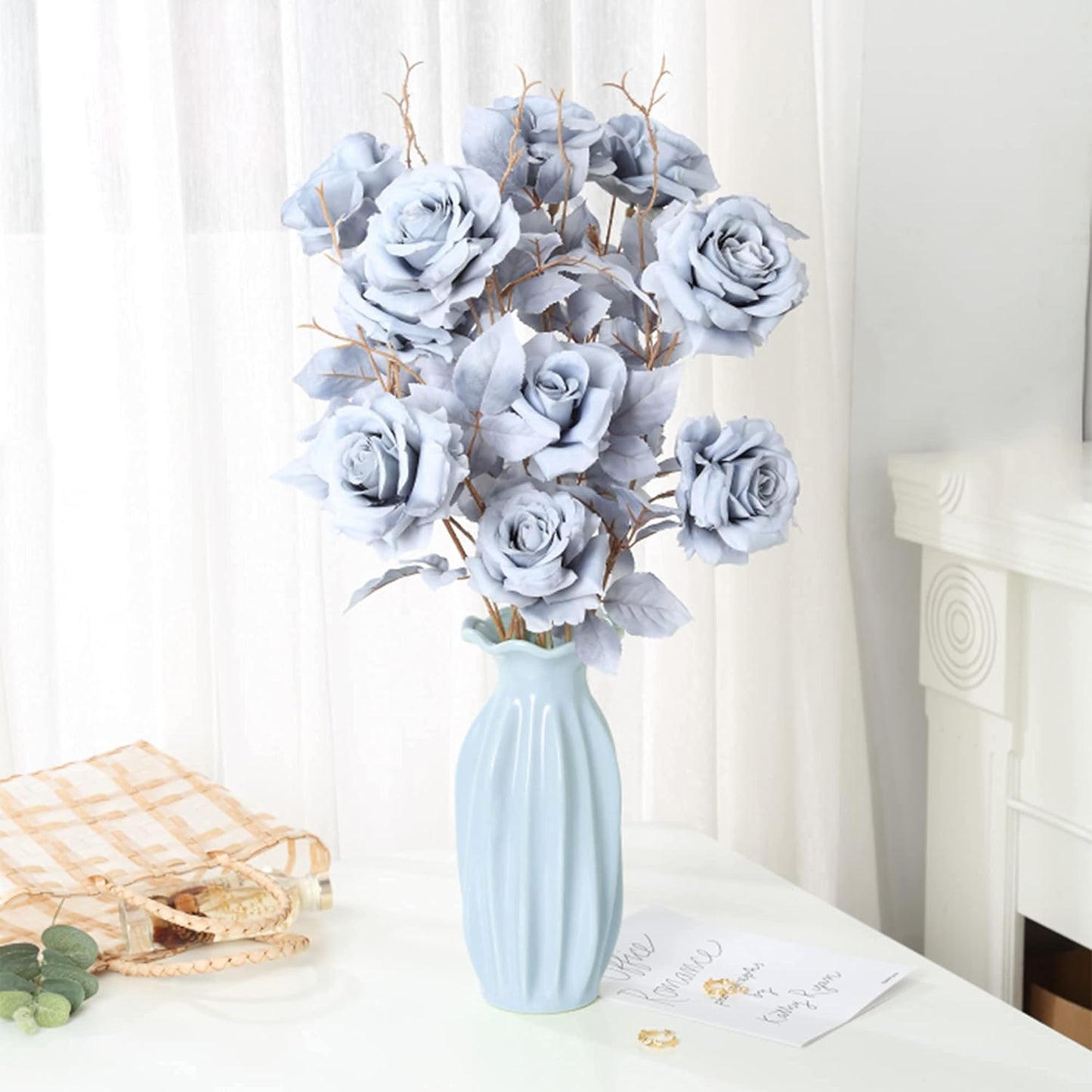 Artificial Flowers Bulk Fake Fall Silk Roses with Long Stems for DIY Wedding Bouquets Centerpieces Arrangements Reception Party Home Dining Table Decorations and outside (4Pcs Blue)