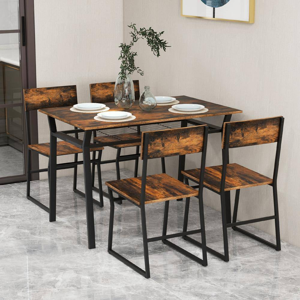 5-Piece Brown Wood Top Dining Table Set Industrial Rectangular Kitchen Table with 4-Chairs