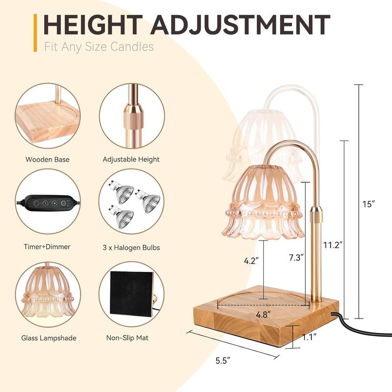 Candle Warmer Lamp with 3 Bulbs, Adjustable Height Dimmable Candle Warmer with Timer, Compatible with Large Jar Candles, Flower Candle Warmer with Charming Gift Box Ribbon(Light Yellow)