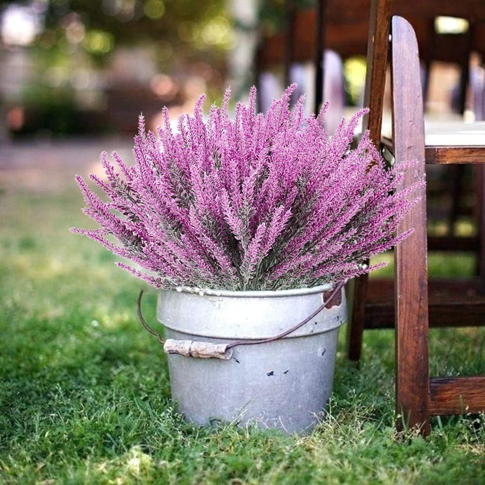 8 Bundles Artificial Flowers Flocked Plastic Lavender Bundle Fake Plants Wedding Bridle Bouquet Indoor Outdoor Home Kitchen Office Décor (Fuchsia Lavender/8Pcs)