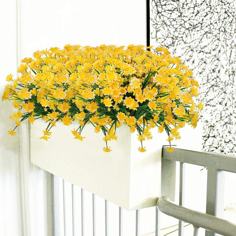 Artificial Daisies Flowers Outdoor UV Resistant 4 Bundles Fake Foliage Greenery Faux Plants Shrubs Plastic Bushes for Window Box Hanging Planter Farmhouse Indoor outside Decor(Yellow)