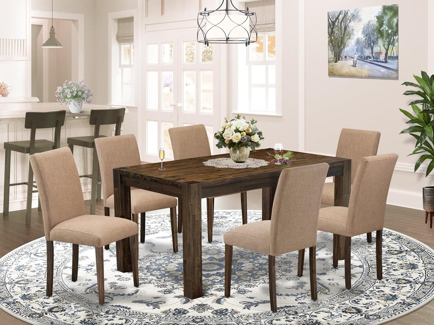 CNAB7-77-47 7 Piece Modern Dining Table Set Consist of a Rectangle Rustic Wood Wooden Table and 6 Light Sable Linen Fabric Upholstered Chairs, 36X60 Inch, Jacobean