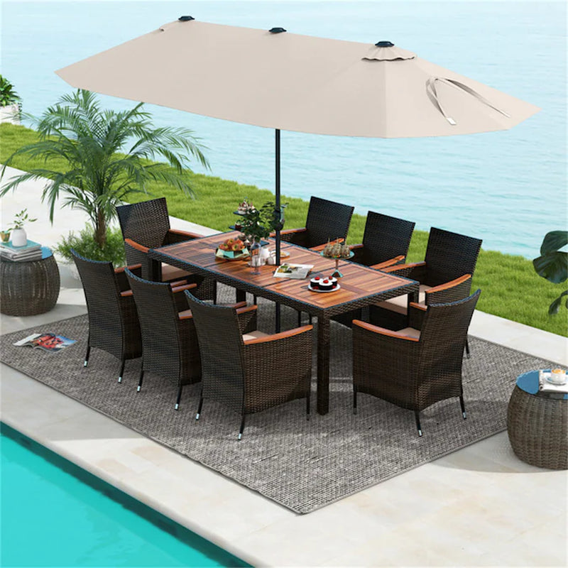 Outdoor Dining Set with Patio Umbrella 10-Piece Black Rattan Patio Dining Set Wood Rectangle Table with 8 Off-White Cushions Stackable Stationary Chairs