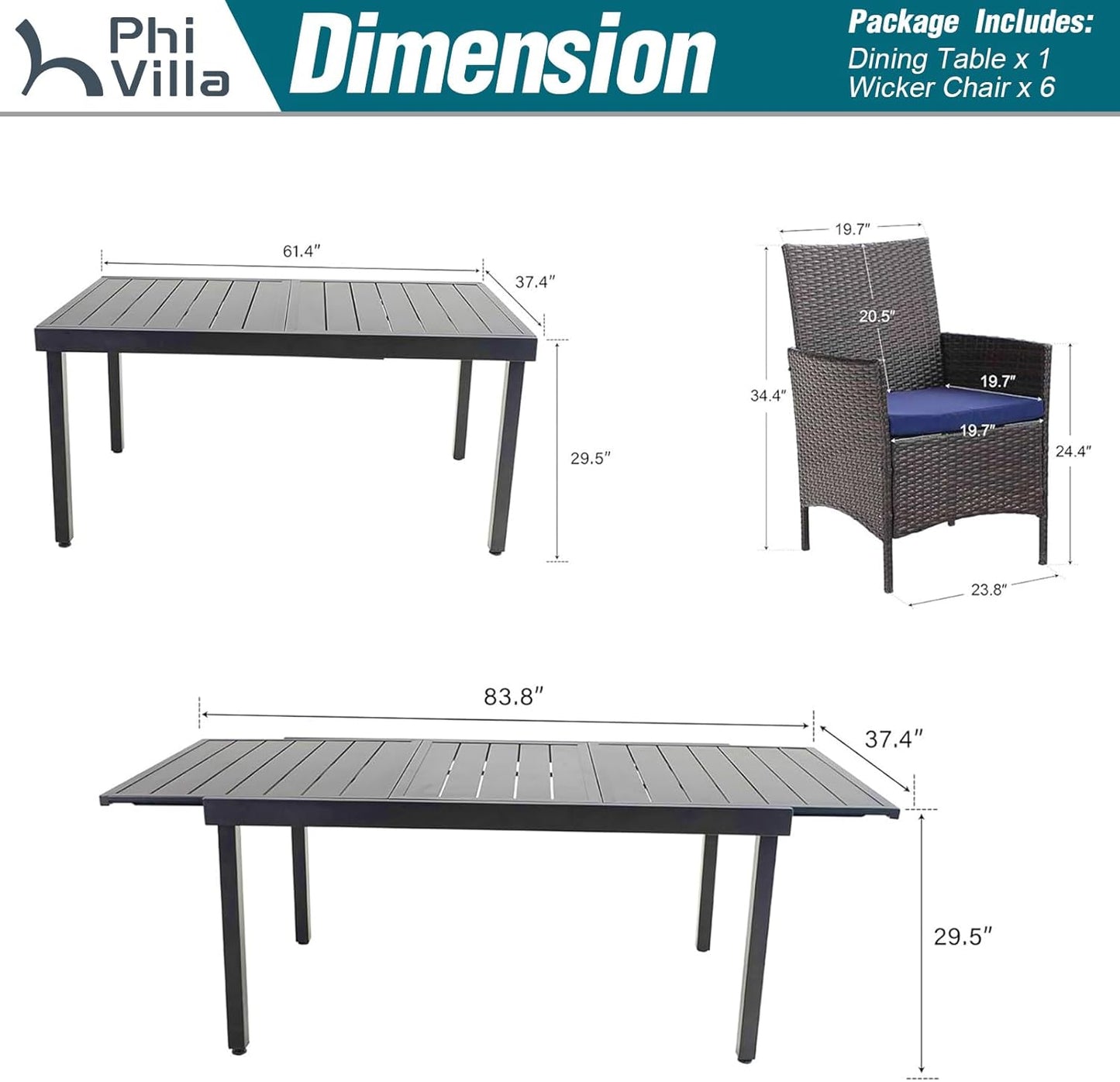 7 Piece Outdoor Dining Table Sets, Expandable Rectangular Metal Dining Table & 6 Rattan Chairs for Patio, Deck, Balcony