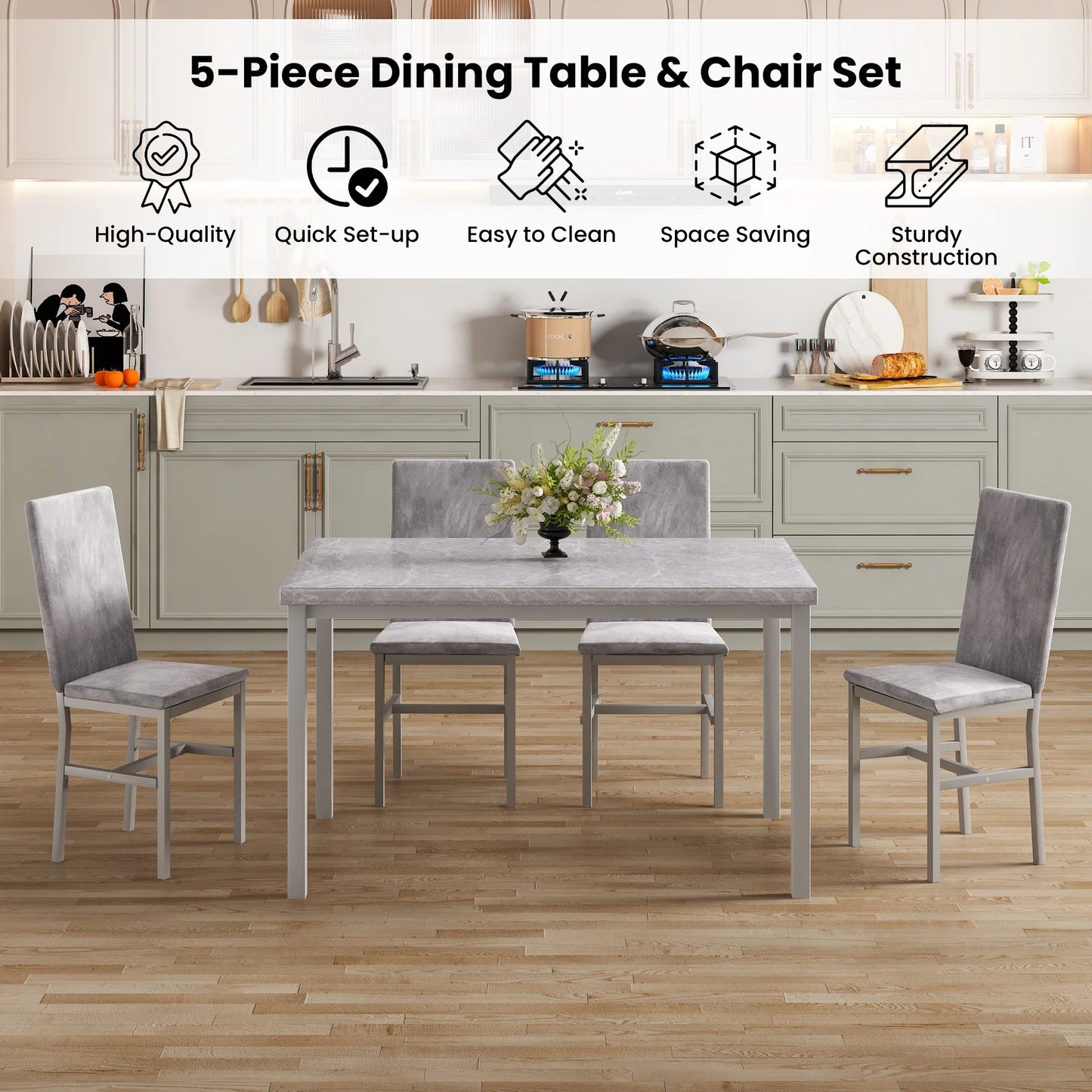 4-Person Marble Dining Table and Chairs Set for Kitchen, Dining Room, Breakfast Corner, Compact Spaces with Faux Marble Pattern Table and 4 Velvet Covered Upholstered Chairs, Gray