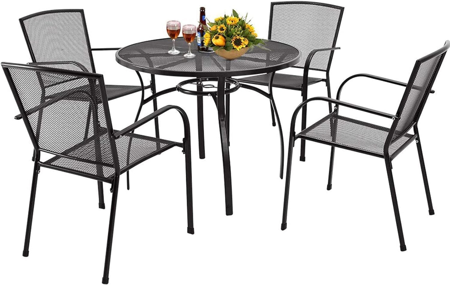 Metal Patio Table and Chairs Set for 4, Outdoor Dining Sets Patio Dining Table Furniture Set round outside Table and Chairs for Garden Backyard with 1.73" Umbrella Hole