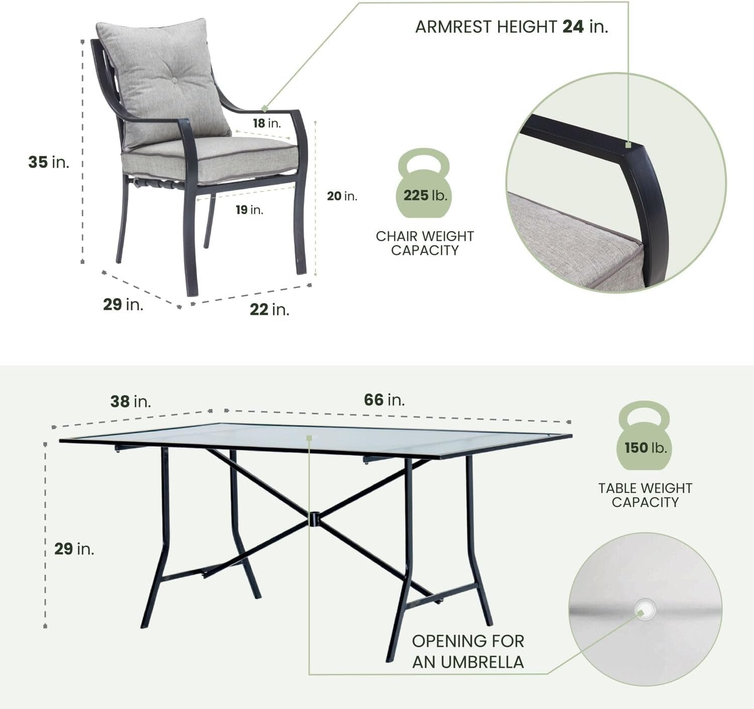 Lavallette 7-Piece Patio Dining Set, Steel Outdoor Dining Set for 6 with Silver Linings Cushions, Dining Chairs and Tempered Glass Rectangular Dining Table