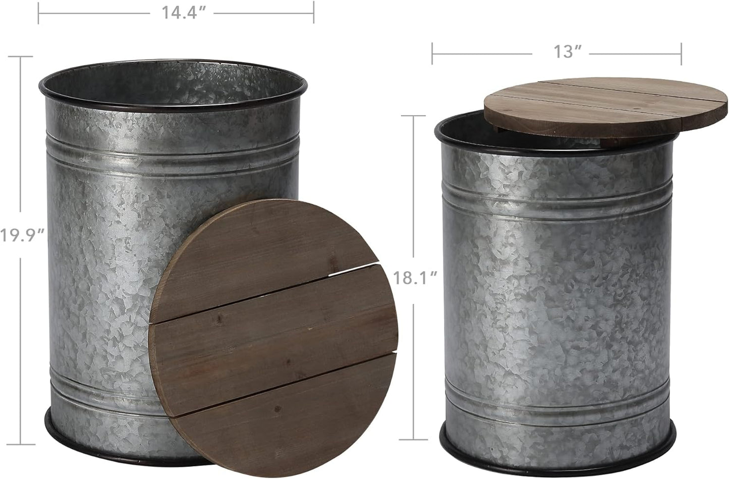 Farmhouse Accent Side Table, Rustic Storage Ottoman Seat Stool, Galvanized Antique Metal End Table Box Bin with round Wood Lid, Coffee or Cocktail Table, Nesting Pieces Two (Pure Galvanized)