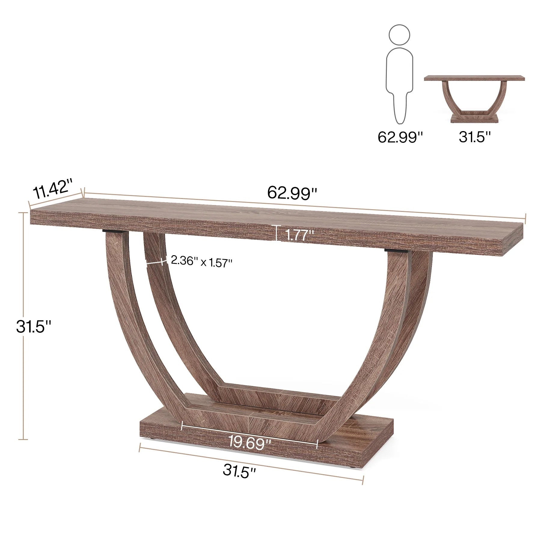 63 Inch Console Table, 2-Tier Farmhouse Entryway Sofa Tables for Living Room Hallway Foyer Corridor, Retro Brown