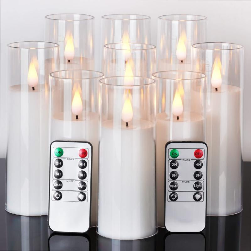 9PCS Pure White Flameless Candles, Battery Operated Candles, Flickering LED Pillar Candles with Remote Control and Timer, 3D Wick, Yellow and Blue Glow, Chirstams Decoration