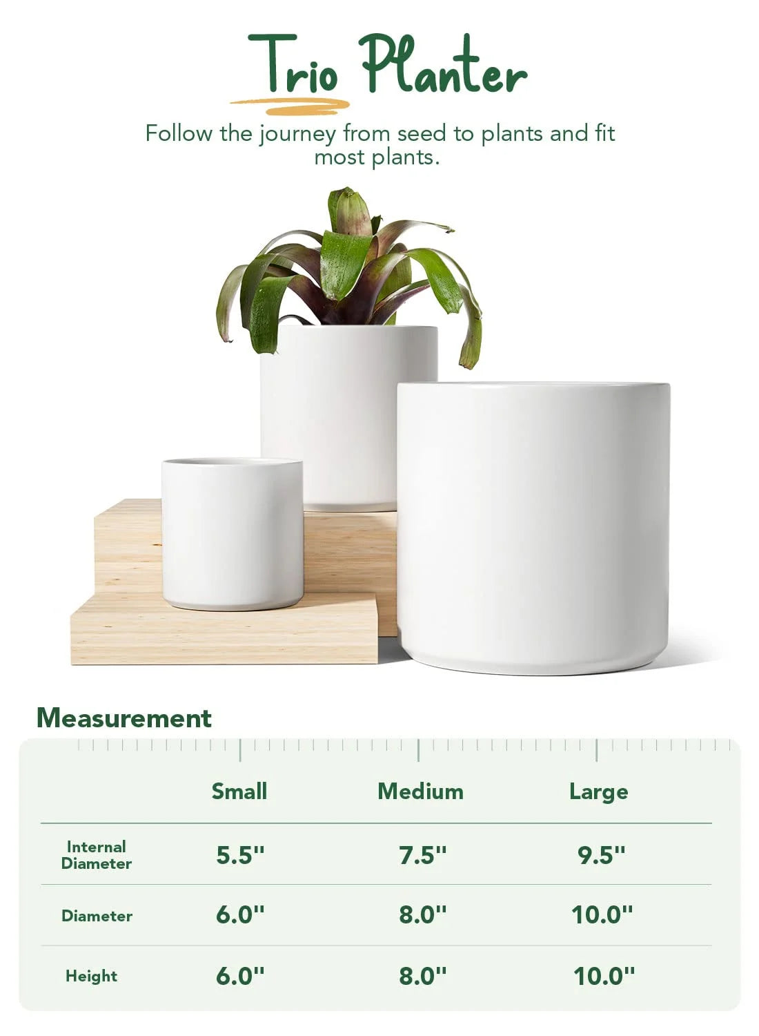 Ceramic Plant Pots, Set of 3 (10"+8"+6") Flower Pots with Drainage Hole and Plug for Indoor & Patio Decor, White Planters