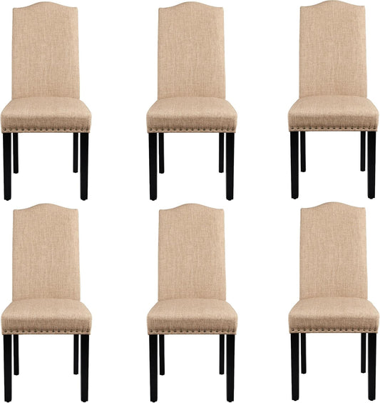 Dining Chairs Set of 6 Upholstered Parsons Chairs, Fabric Dining Room Kitchen Side Chair with Rubber Wood Legs and Nailhead Trim for Living Room, Khaki