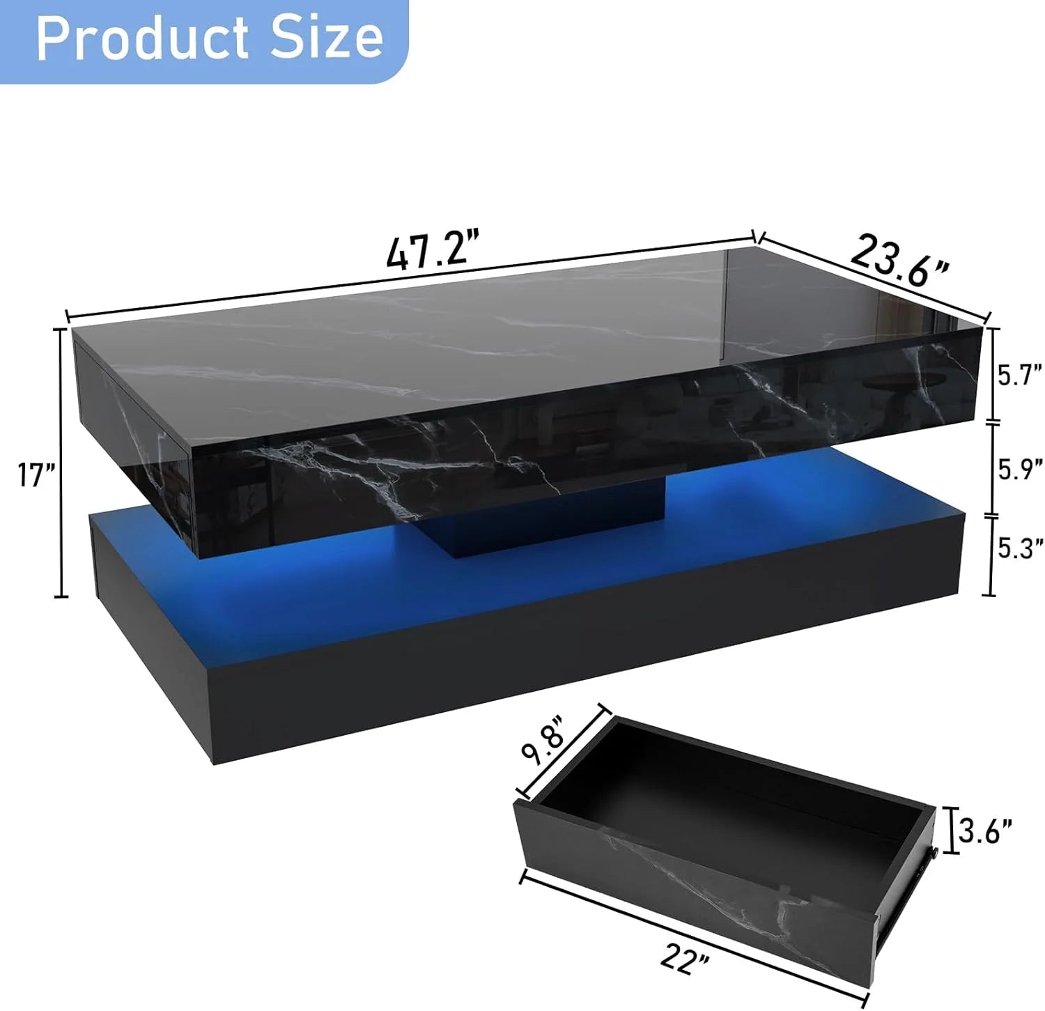 Large Black LED Coffee Table with 2 Storage Drawers, Modern High Gloss Coffee Table W/20 Colors LED Lights/App Control, 2 Tiers Rectangle Large Living Room Furniture W/Marbling Print(47.3")