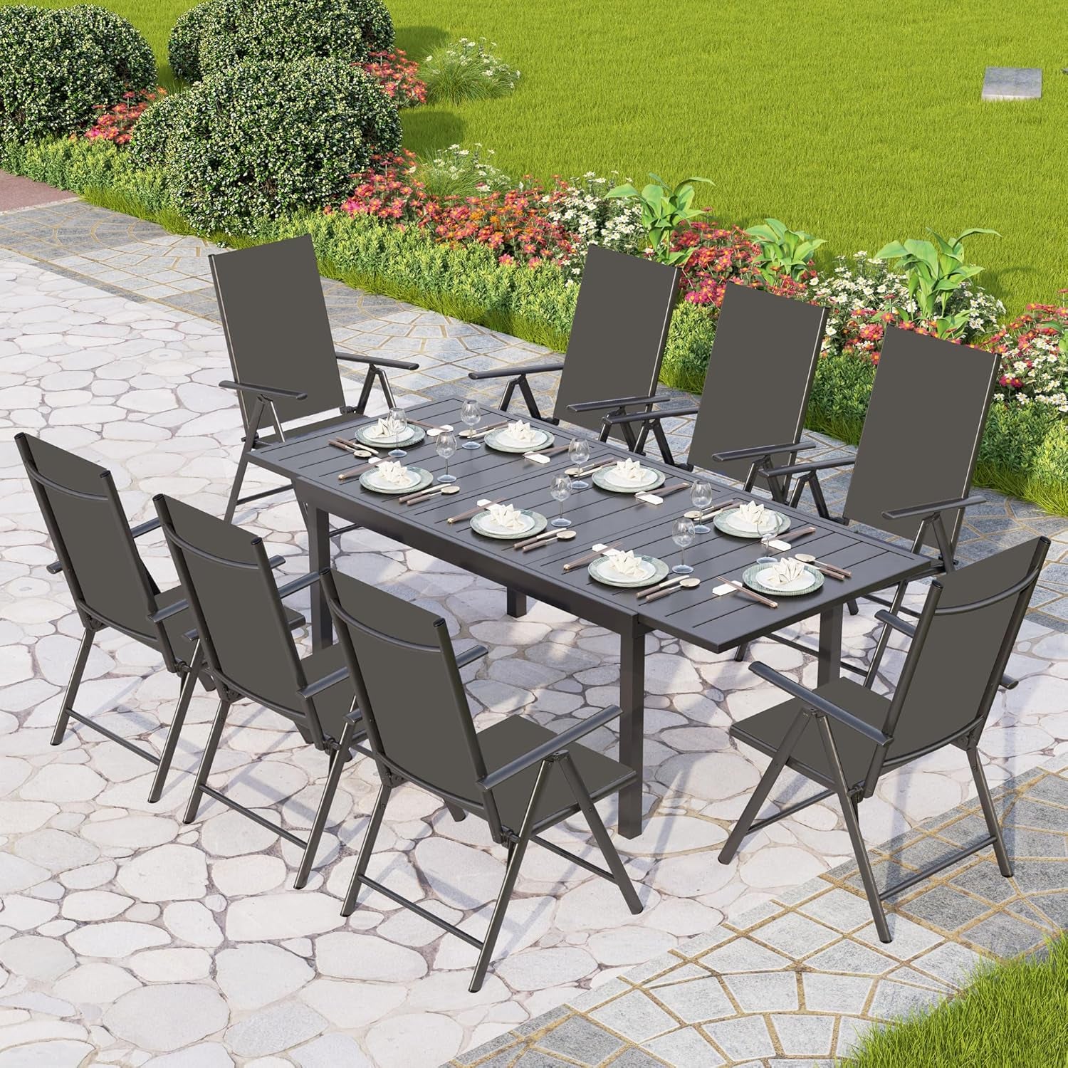 7 Piece Outdoor Patio Dining Set, Adjustable Folding Patio Chairs Reclining (Black) with Extendable Metal Steel Dining Table for Outdoor, Garden, Lawn