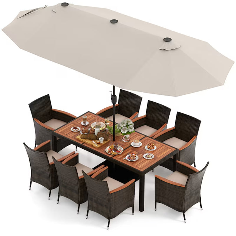 Outdoor Dining Set with Patio Umbrella 10-Piece Black Rattan Patio Dining Set Wood Rectangle Table with 8 Off-White Cushions Stackable Stationary Chairs