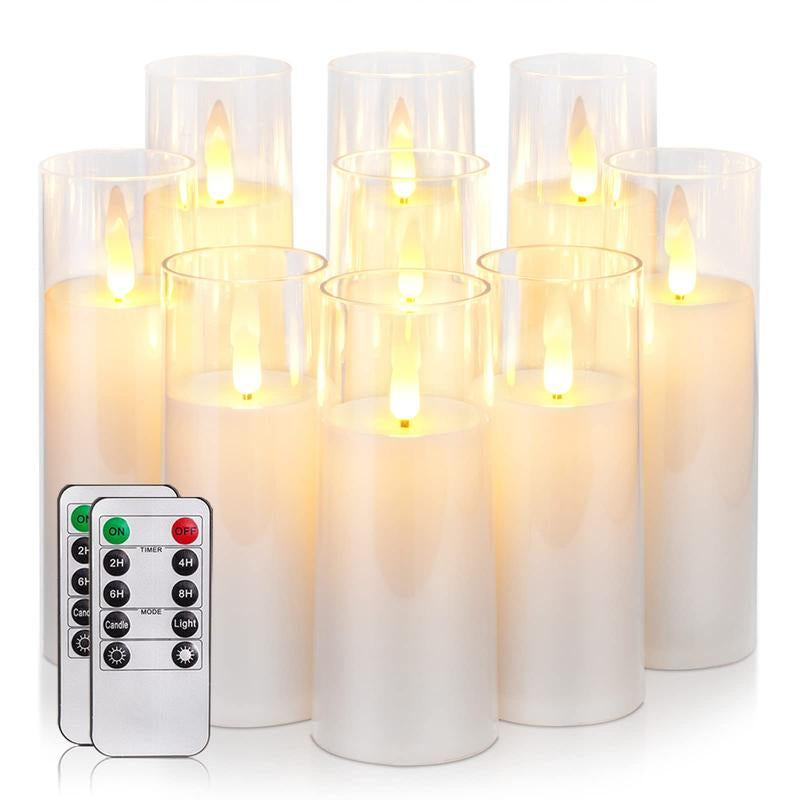 Pure White Acrylic Flameless Candles, LED Candles, Battery Operated Candles with Remote Control and Timer, Fake Electric Candles, Wedding, Home Decor, Set of 9