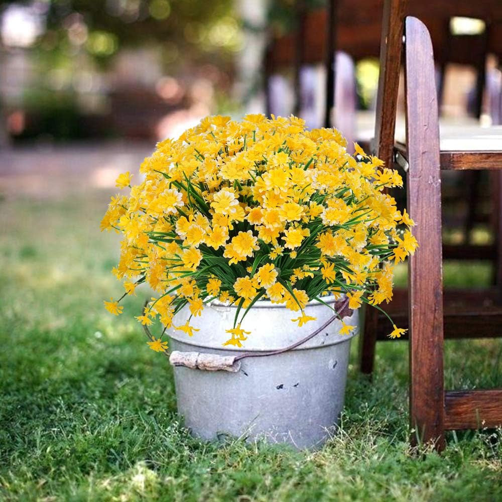 Artificial Daisies Flowers Outdoor UV Resistant 4 Bundles Fake Foliage Greenery Faux Plants Shrubs Plastic Bushes for Window Box Hanging Planter Farmhouse Indoor outside Decor(Yellow)