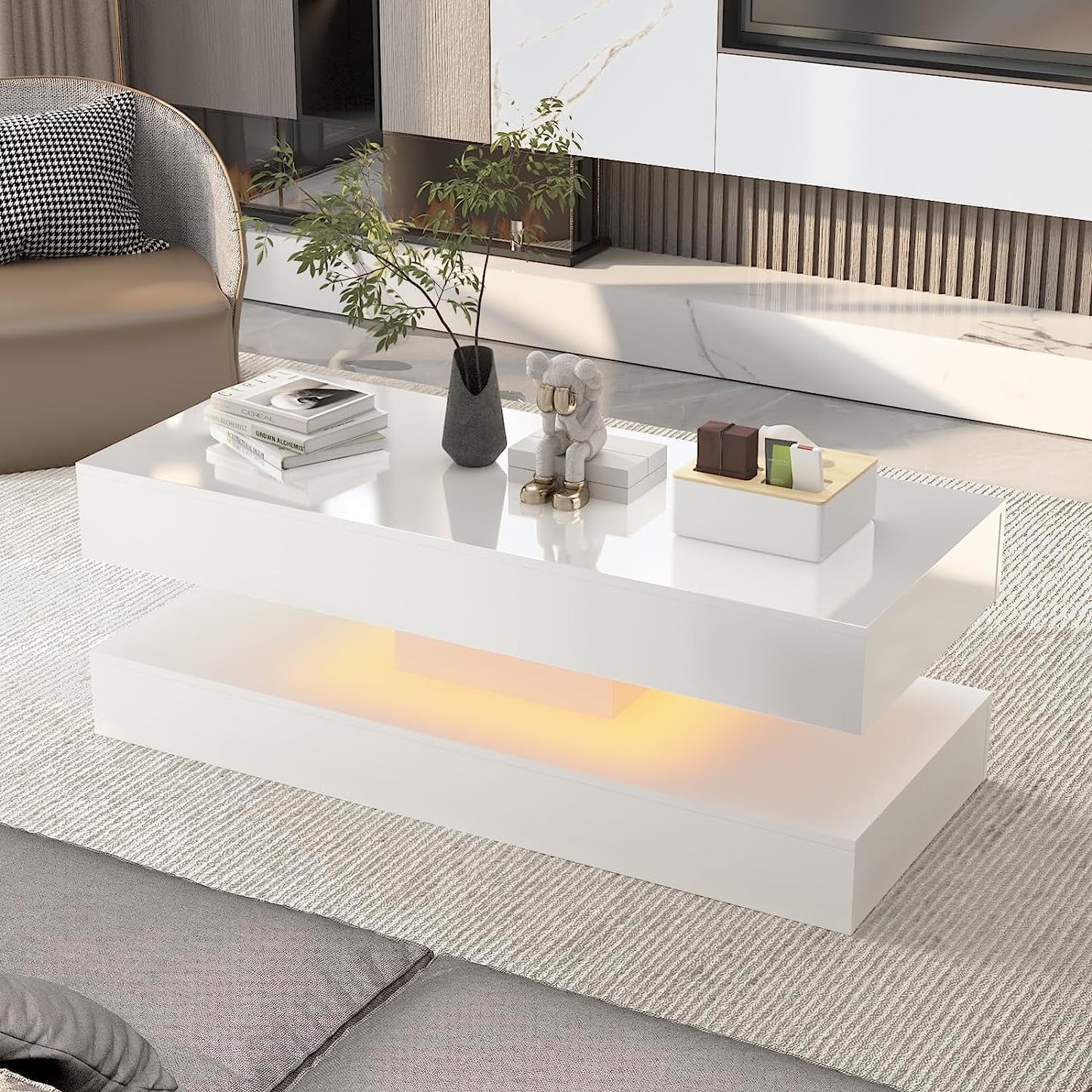 47.3" High Glossy LED Coffee Table with 2 Sliding Storage Drawers, Living Room Coffee Table W/App Control LED Lights, Modern Double-Layer Center Tables Large Furniture, White