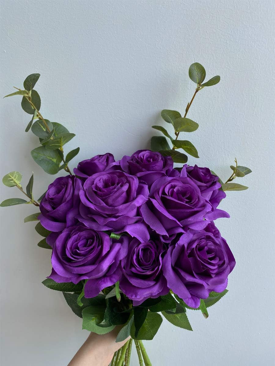 Artificial Silk Rose Flower Bouquet Lifelike Fake Rose for Wedding Home Party Decoration Event Gift 10Pcs (Purple)