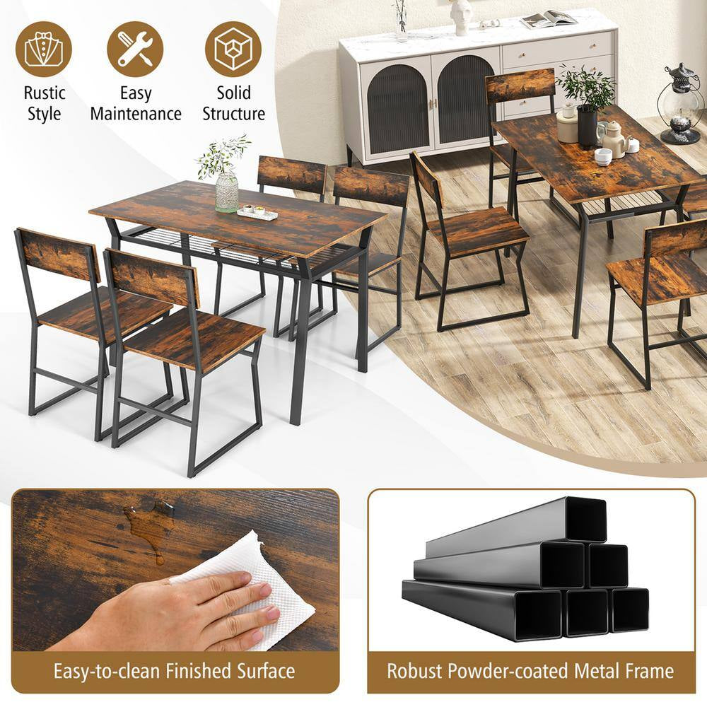 5-Piece Brown Wood Top Dining Table Set Industrial Rectangular Kitchen Table with 4-Chairs