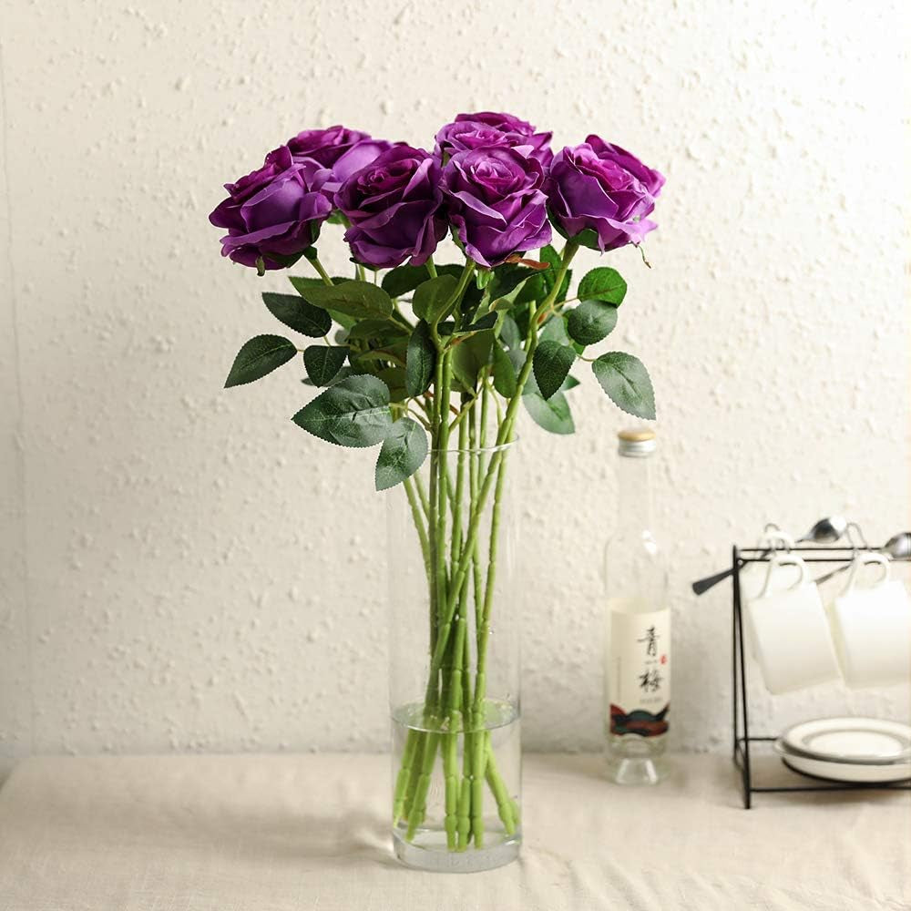 Artificial Silk Rose Flower Bouquet Lifelike Fake Rose for Wedding Home Party Decoration Event Gift 10Pcs (Purple)