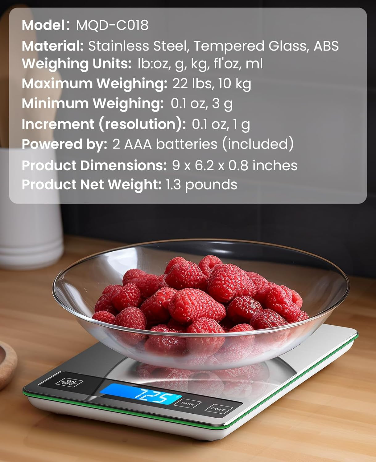 Food Scale, 22Lbs Digital Kitchen Grey Stainless Steel Scale Weight Grams and Oz for Cooking Baking, 1G/0.1Oz Precise Graduation,Tempered Glass (Dark Gray)