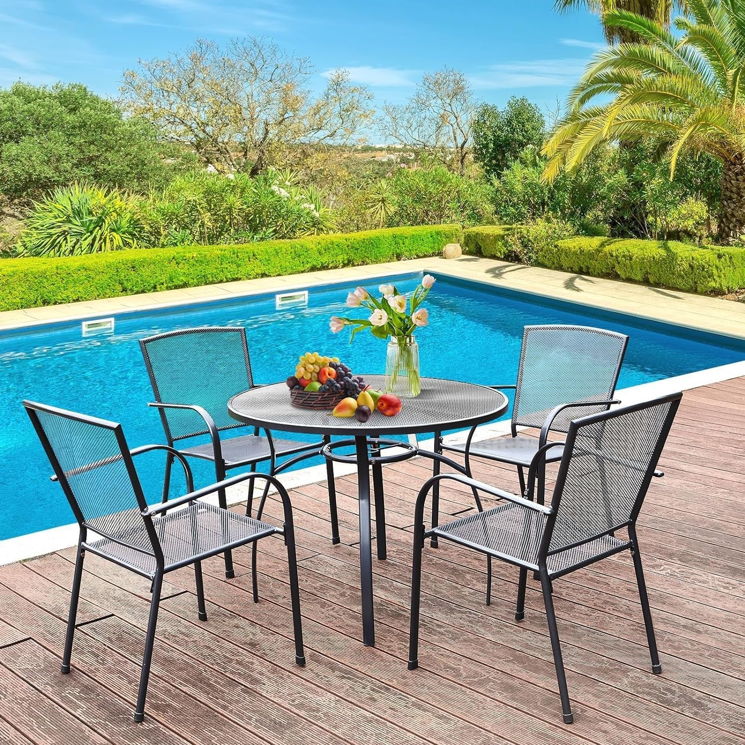 Metal Patio Table and Chairs Set for 4, Outdoor Dining Sets Patio Dining Table Furniture Set round outside Table and Chairs for Garden Backyard with 1.73" Umbrella Hole