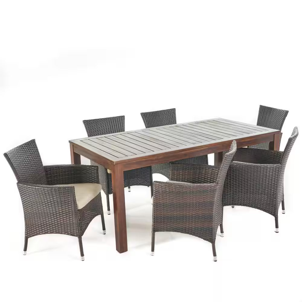 Multi-Brown 7-Piece Iron Rectangular Outdoor Patio Dining Set with Beige Cushion