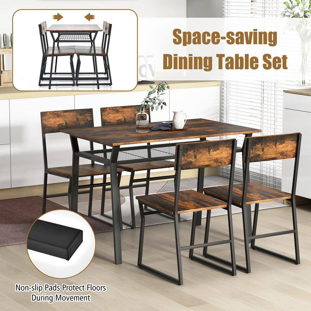 5-Piece Brown Wood Top Dining Table Set Industrial Rectangular Kitchen Table with 4-Chairs