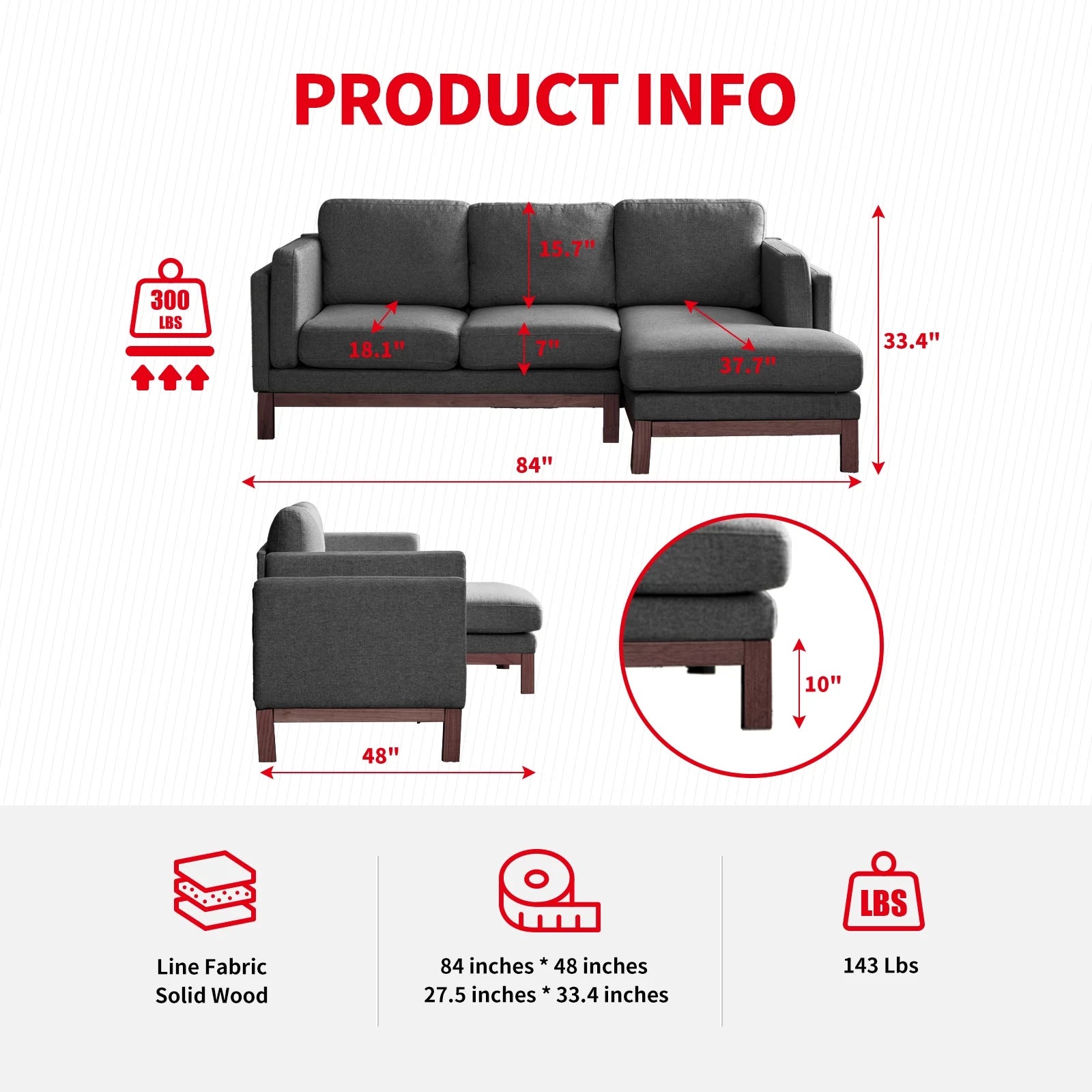 84" Sectional Sofa Couch, L-Shaped Upholstered Sofa Couch with Chaise Lounge,3-Seater Couch for Living Room/Apartment(Dark Grey)