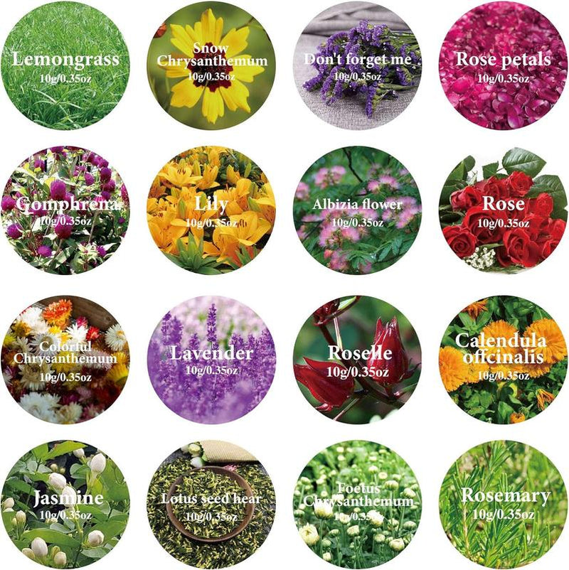 16 Bags Dried Flowers,100% Natural Dried Flowers Herbs Kit for Soap Making, DIY Candle Making,Bath - Include Rose Petals,Lavender,Don'T Forget Me,Lilium,Jasmine,Rosebudsand More