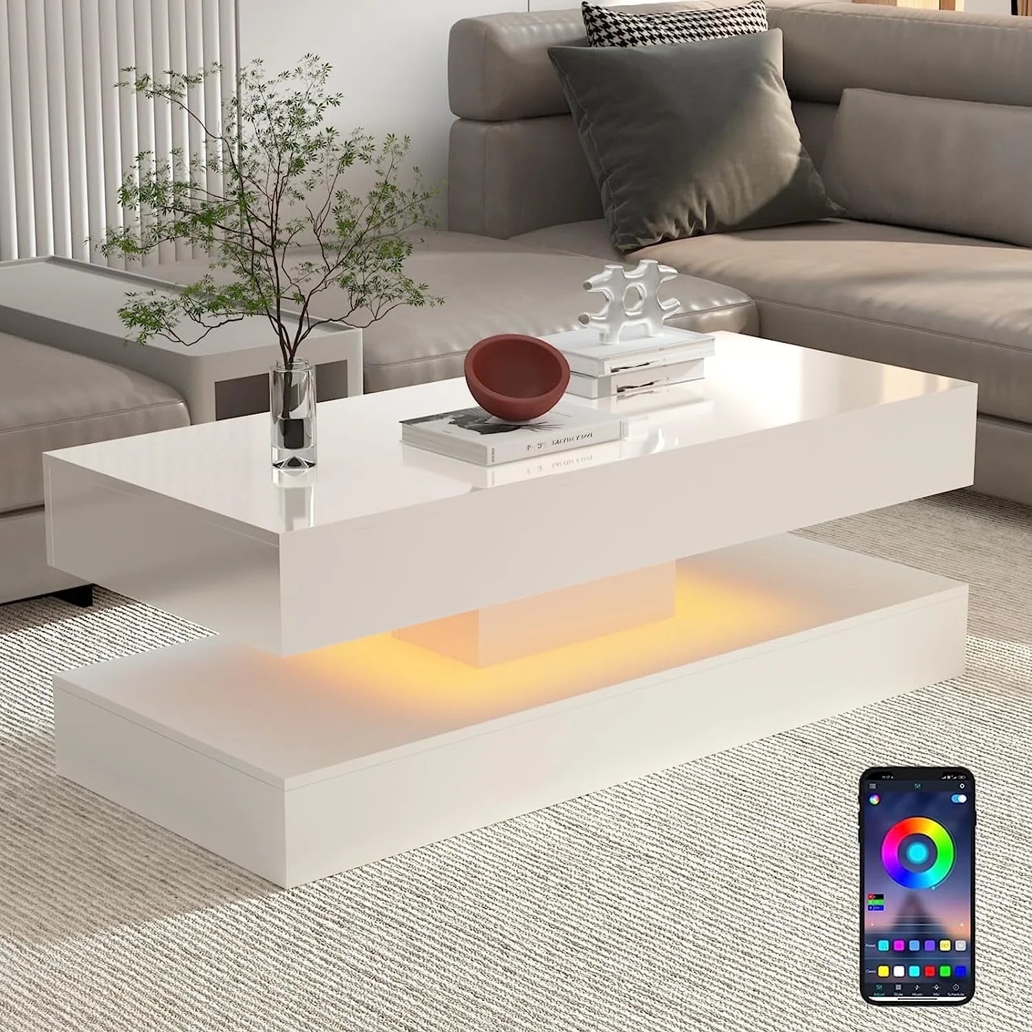 47.3" High Glossy LED Coffee Table with 2 Sliding Storage Drawers, Living Room Coffee Table W/App Control LED Lights, Modern Double-Layer Center Tables Large Furniture, White