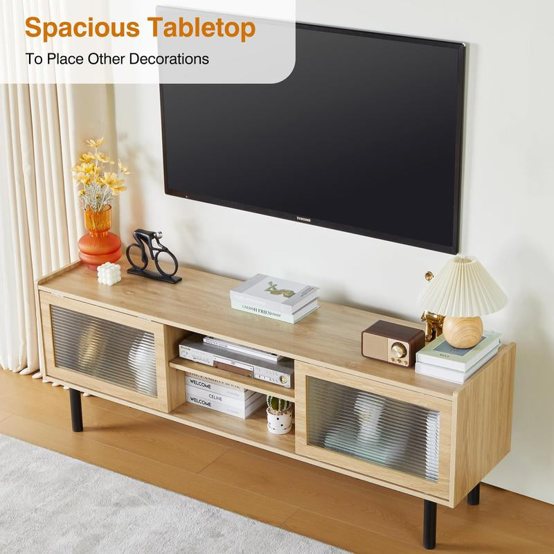 Giratreefurniture TV Stand, Modern TV Stand up to 70 Inch TV, Entertainment Centre with Glass Sliding Door and Adjustable Shelves, TV Console Table for Living Room and Bedroom