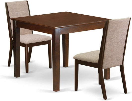 OXLA3-MAH-04 3 Piece Dining Room Furniture Set Contains a Square Dining Table and 2 Light Tan Linen Fabric Upholstered Chairs, 36X36 Inch, Mahogany