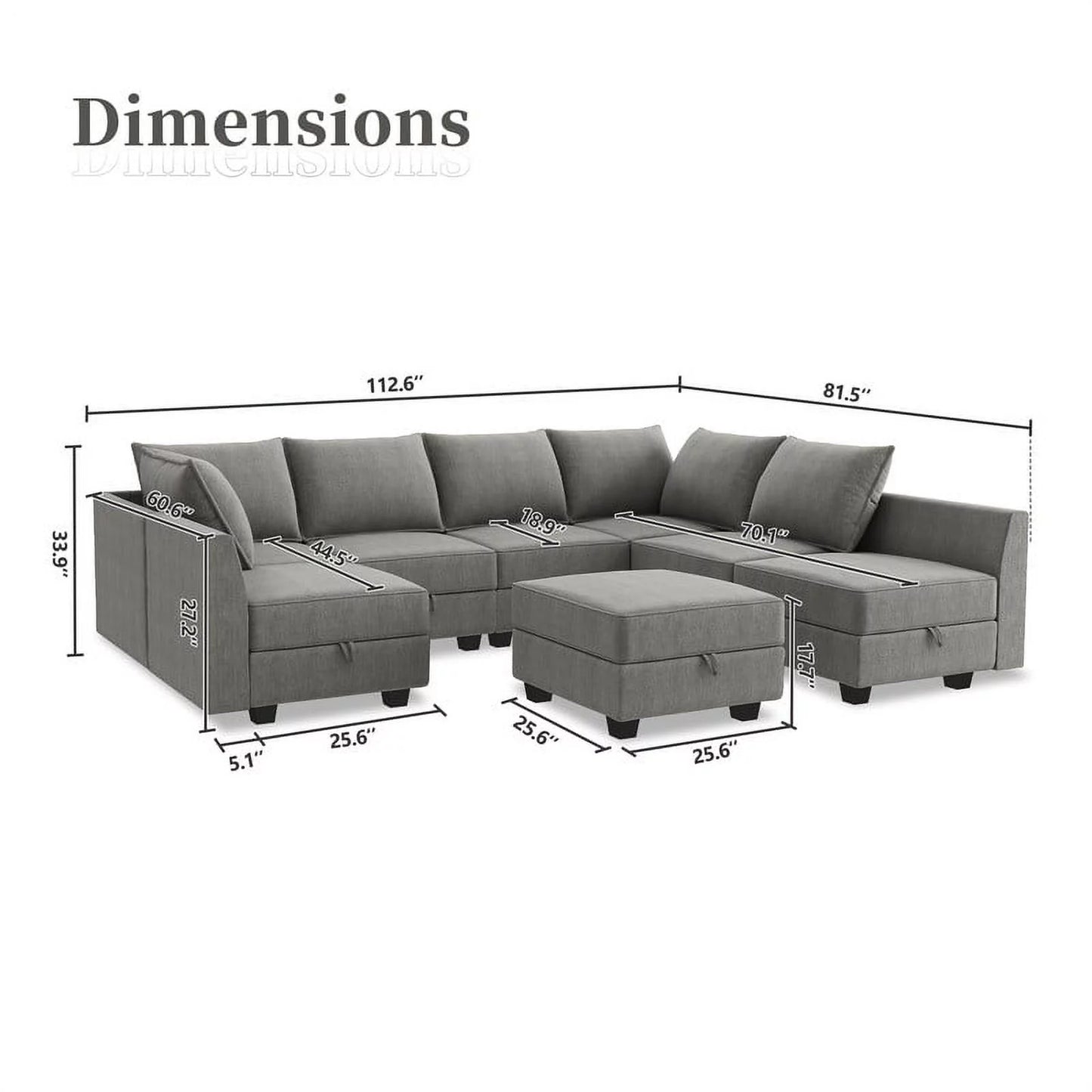 Modern Living Room Furniture Sofa Set with Storage Ottomans, Grey