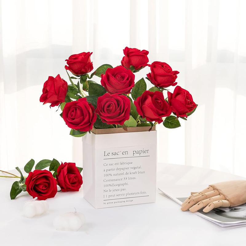 12PCS Artificial Roses Silk Flowers Bouquet Long Stem for Home Wedding Decoration Party (Red)