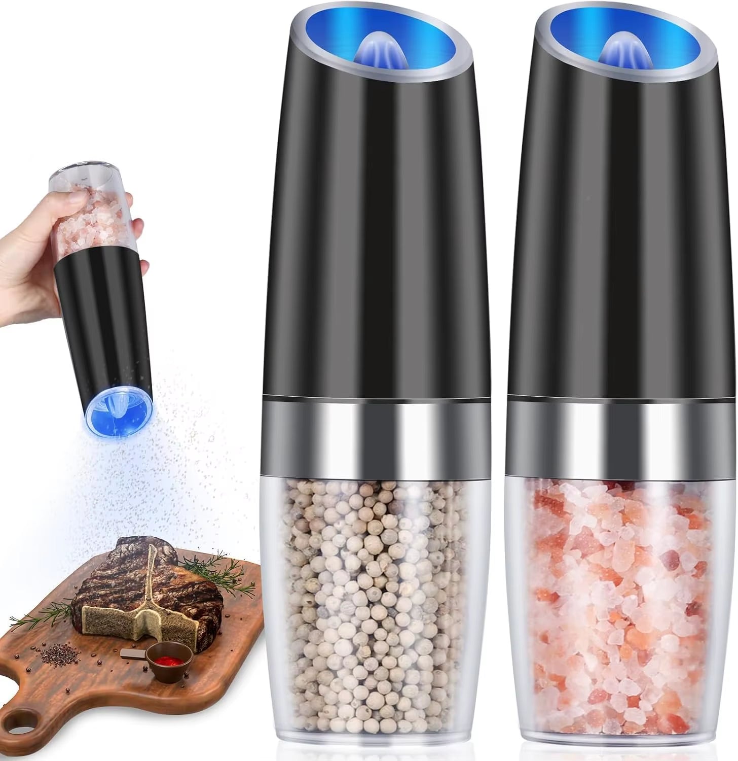 Electric Pepper and Salt Grinder Set Gravity Automatic Spice Mill Grinder Battery Powered Kitchen Gadgets for Cooking Seasoning