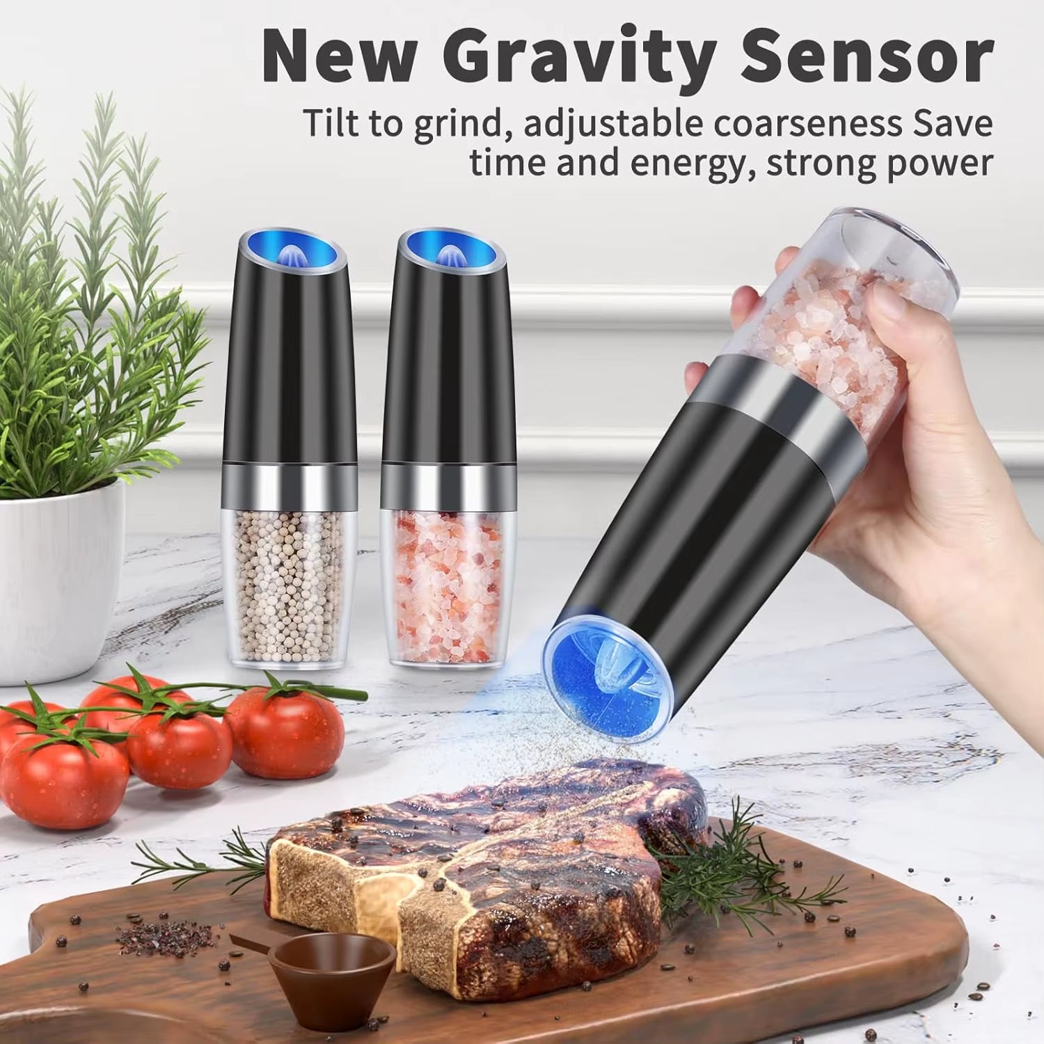 Electric Pepper and Salt Grinder Set Gravity Automatic Spice Mill Grinder Battery Powered Kitchen Gadgets for Cooking Seasoning