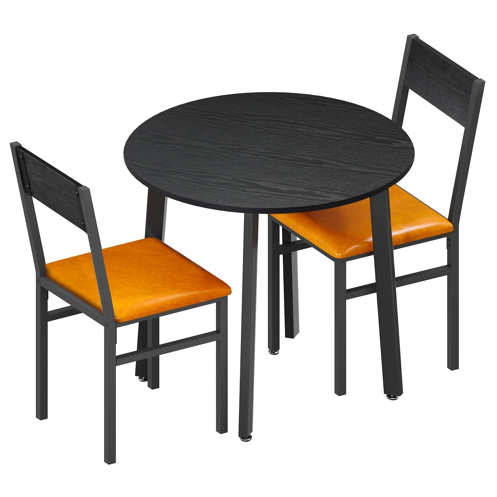 3 Piece round Dining Table Set with 2 Cushioned Chairs, Black & Brown