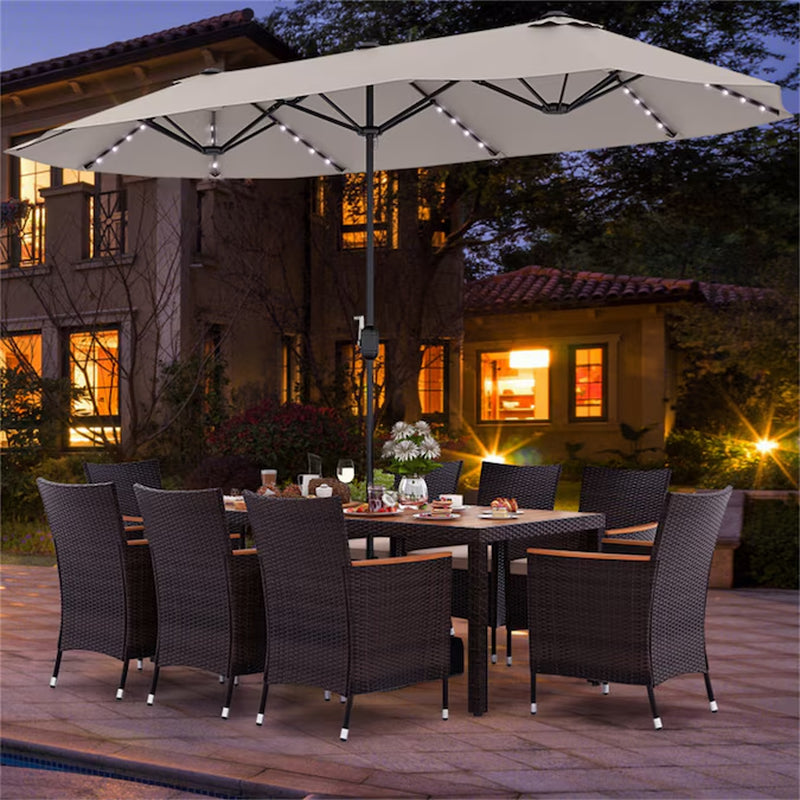 Outdoor Dining Set with Patio Umbrella 10-Piece Black Rattan Patio Dining Set Wood Rectangle Table with 8 Off-White Cushions Stackable Stationary Chairs