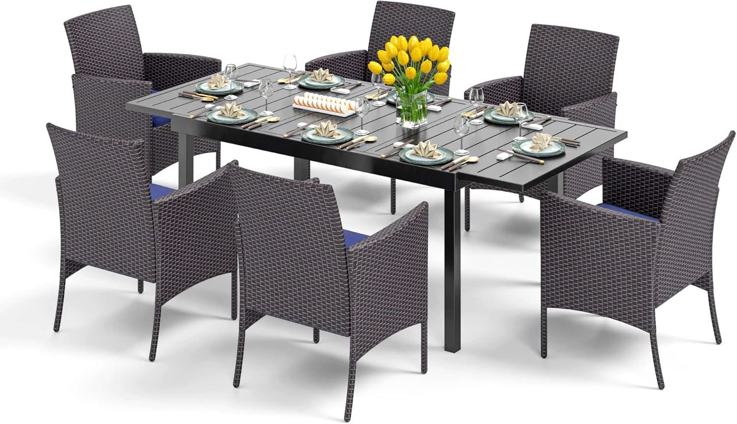 7 Piece Outdoor Dining Table Sets, Expandable Rectangular Metal Dining Table & 6 Rattan Chairs for Patio, Deck, Balcony