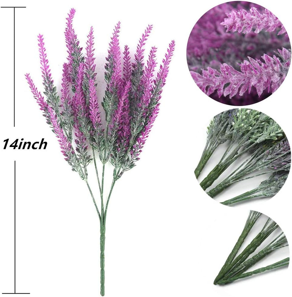 8 Bundles Artificial Flowers Flocked Plastic Lavender Bundle Fake Plants Wedding Bridle Bouquet Indoor Outdoor Home Kitchen Office Décor (Fuchsia Lavender/8Pcs)